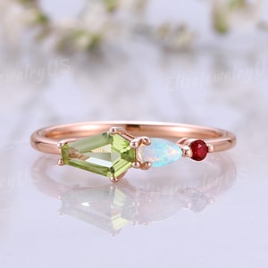 Unique Peridot Engagement Ring Coffin Cut Nature Opal Ruby Wedding Band Gold Minimalist Birthstone Promise Ring Anniversary Gift for Her