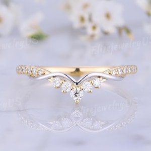 Dainty Two Tones Wedding Band Diamond Wedding Band Mix Metal Ring Unique Curved Stacking Matching Band V shaped Band Anniversary Gift