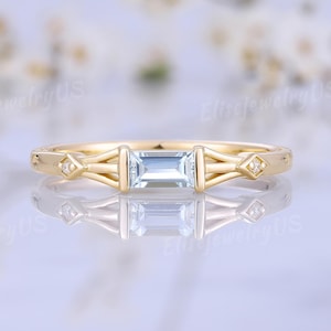 Unique Baguette Cut Aquamarine Wedding Band Solid Gold Diamond Wedding Rings Minimalist Stackable Rings Promise Ring Personalized Gifts