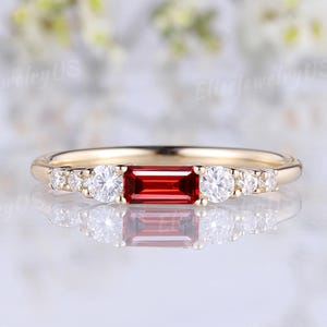 Red Ruby Wedding Band Baguette Cut Ruby Solid Gold Ring Moissanite Wedding Ring Minimalist Gemstone Ring Anniversary Birthday Gift