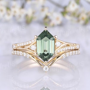Einzigartige Grün Saphir Verlobungsring Set Hexagon Cut 14k Gold Ring Diamant Trauringe Art Deco Jubiläum Versprechen Ringe für Frauen