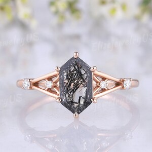 Long Hexagon Cut Black Rutilated Quartz Engagement Ring Women Unique Solid Rose Gold Art Deco Black Gemstone Wedding Ring Anniversary Gift