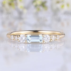 Dainty Aquamarine Wedding Band Baguette Cut Solid Gold Ring Unique Moissanite Wedding Ring Minimalist Gemstone Ring Anniversary gift