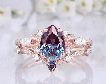 Dainty Alexandrite Engagement Ring Set Rose Gold  Alexandrite Leaf Wedding Rings For Women Nature Inspired Promise Rings Anniversary Gift