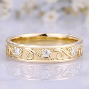 4.5mm Leaf Diamond Wedding Ring Dainty Floral Mens Ring Solid Gold Ring Stacking Ring Handmade Anniversary Rings for Men Personalized Gifts
