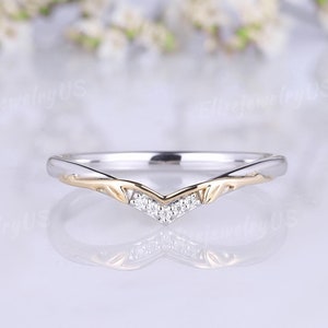Unikalna dwukolorowa obrączka ślubna, złoty pierścionek, diamentowa obrączka ślubna, zakrzywiona obrączka ślubna, delikatny pasujący pasek w kształcie liścia, prezent na rocznicę w kształcie litery V