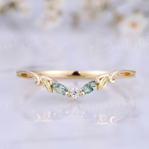 Unique Moss Agate Wedding Band Marquise Cut Agate Ring Nature Inspired Leaf Gold Curved Wedding Ring V Shaped Ring Promise Anniversary Gift