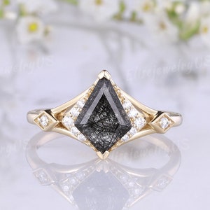 Bezel Set Kite Cut Black Rutilated Quartz Wedding Ring