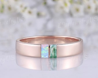 4mm Mens Opal Moss Agate Wedding Band Two Baguette Cut Gems Ring Comfort Fit Mens Ring Mens Birthstone Rings For Men Anniversary Gift