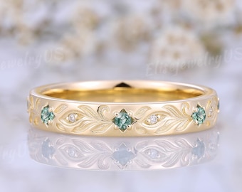 Nature Inspired Leaf Wedding Band Mens Moss Agate Wedding Ring Solid Gold Diamond Ring Handmade Leaf Engraved Ring Anniversary Gift For Him