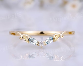 Unique Aquamarine Curved Wedding Band Marquise Cut Aquamarine Ring Nature Inspired Leaf Wedding Ring V Shaped Ring Promise Anniversary Gift