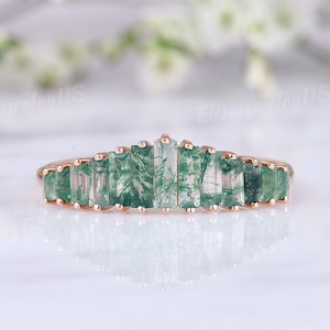 Unique Baguette Cut Moss Agate Wedding Band Art Deco Rose Gold Vintage Wedding Ring Nature Inspired Green Gemstone Anniversary Gift Women