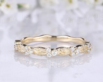 Unique Diamond Wedding Band Nature Inspired Leaf Ring Half Eternity Stacking Matching Rings Women Gold Rings Promise Anniversary Gift