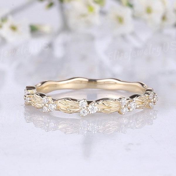 Unique Diamond Wedding Band Nature Inspired Leaf Ring Half Eternity Stacking Matching Rings Women Gold Rings Promise Anniversary Gift