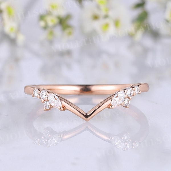 Unique Moissanite Wedding Band Women Solid Rose Gold Ring Stacking Matching Ring Curved Wedding Band Promise Ring Personalized Jewelry