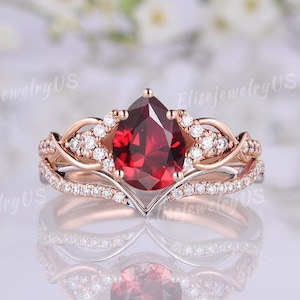 Pear Cut Ruby Engagement Ring Set Lab Grown Pigeons Blood Ring Set Women Unique Twig Two Tone Gold Rings Promise July Birthstone Ring