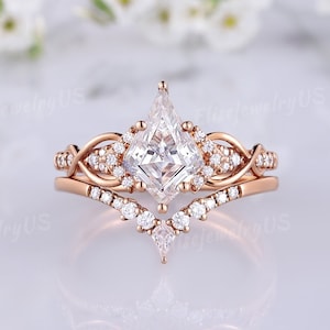 Conjunto de anéis de noivado de moissanita com corte de pipa, anel de ouro rosa, anéis de diamante, galho vintage, compromisso de casamento, presente de aniversário para mulheres