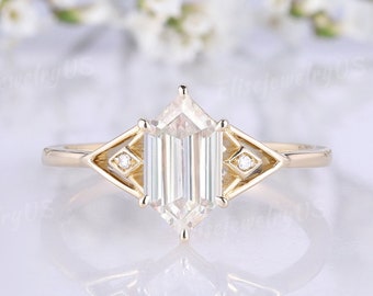 Anillo de moissanita para mujer, único, largo, con corte hexagonal, banda de oro amarillo con diamantes, estilo art déco, anillo de boda de moissanita, anillos de compromiso para mujer.