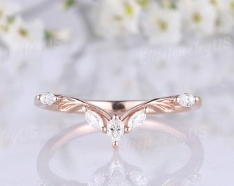 Marquise Diamond Wedding Band V Shaped Solid Rose Gold Ring Delicate Leaf Band Curved  Stacking Matching Ring Promise Rings For Women