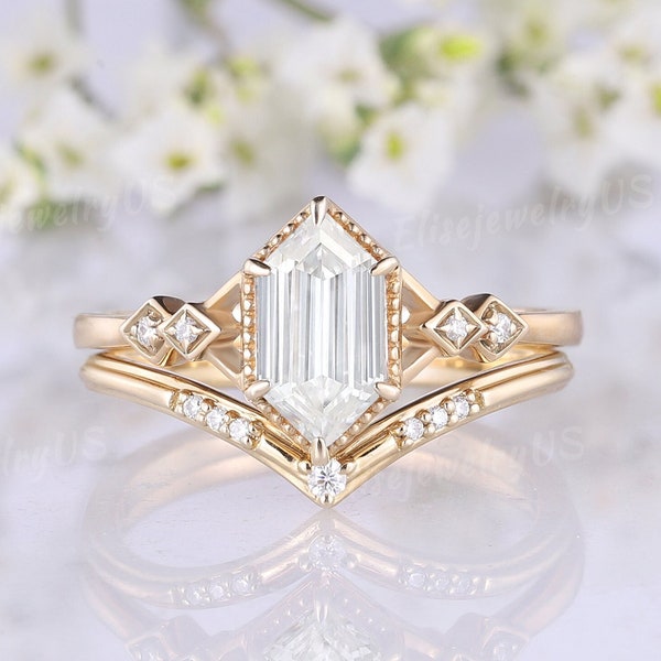 Unique Long Hexagon Cut Moissanite Engagement Ring Set Vintage Gold Ring Moissanite Wedding Rings Women Bridal Rings Set Anniversary Gift