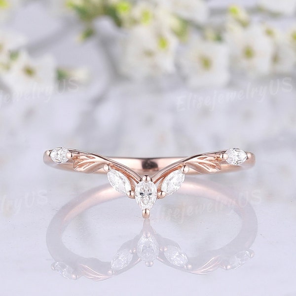 Marquise Diamond Wedding Band V Shaped Solid Rose Gold Ring Delicate Leaf Band Curved  Stacking Matching Ring Promise Rings For Women