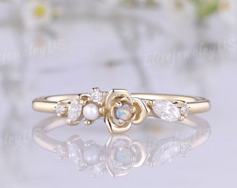 Nature inspired opal wedding band floral ring gold wedding band unique pearl diamond cluster ring flower ring anniversary gift for women