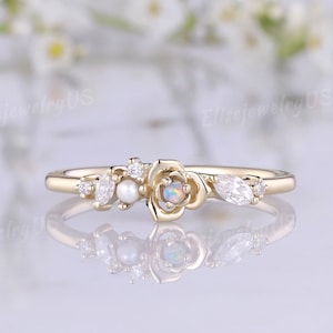Nature inspired opal wedding band floral ring gold wedding band unique pearl diamond cluster ring flower ring anniversary gift for women