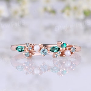 Unique emerald wedding band floral ring solid gold wedding band pearl alexandrite cluster ring promise ring anniversary gift for women