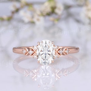 Oval Moissanite Engagement Ring Moissanite Cluster Ring Diamond Rose Gold Band Art Deco Moissanite Wedding Ring Personalized Rings For Women