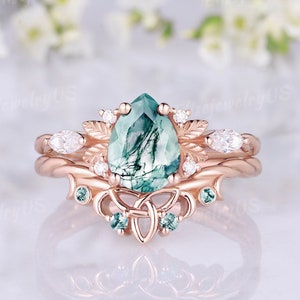 Unique Pear Moss Agate Engagement Ring Set Rose Gold  Green Gemstones Wedding Rings Leaf Wedding Promise Rings Anniversary Gift Women