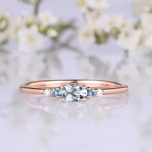 Dainty Aquamarine Wedding Band Oval Cut 14k Rose Gold Unique Wedding Ring Minimalist Gemstone Stacking Diamond Ring Alexandrite Cluster Ring