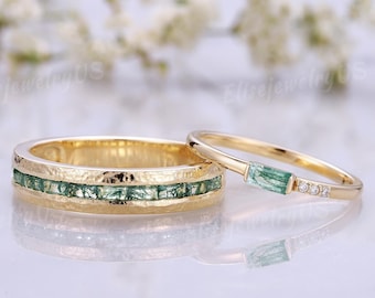 Moosachat Ehering Paar Ehering Set Handgemachte Brautring Set Massiv Gold Hammer Versprechen Ring Set Für Männer und Frauen Baguette Ring