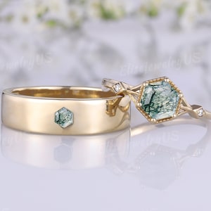 Art Deco Couple rings set unique Hexagon cut moss agate wedding rings set Nature inspired Mens wedding band Gold ring Anniversary gift