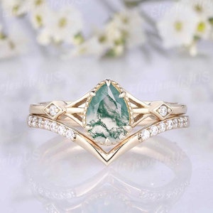 Natural Moss Agate Rings Pear Moss Agate Engagement Ring Set Green Gemstone Ring Gold Rings Moissanite Wedding Rings Women Bridal Set