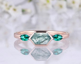 Long hexagon Moss Agate Engagement Ring Cluster Emerald Wedding Ring Solid Rose Gold Ring Unique Three Stone Ring Anniversary gift
