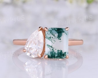 Toi et moi ring Moss agate engagement ring 2 Stone Double Stone Wedding Ring Emerald cut Pear ring mothers green stone ring Moissanite ring