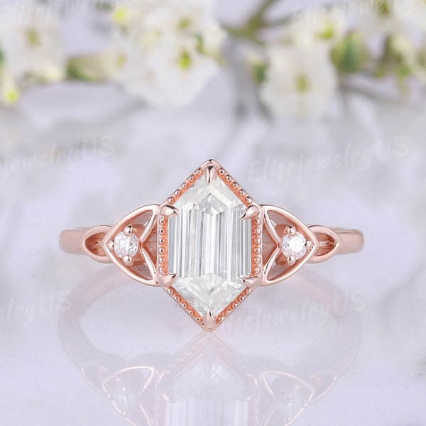 Vintage Long Hexagon Moissanite Engagement Ring Cluster Diamond Solid Gold Band Art Deco Moissanite Wedding Ring Anniversary Gift For Her