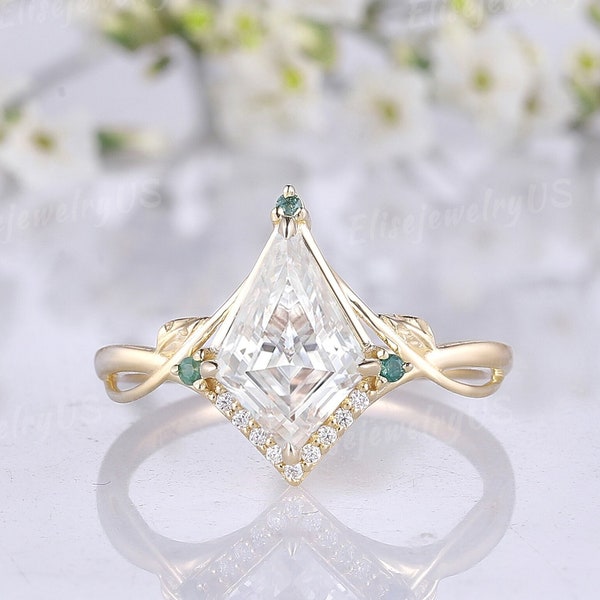Unique kite cut moissanite wedding ring solid gold moissanite engagement ring delicate leaf promise ring diamond propose ring for her