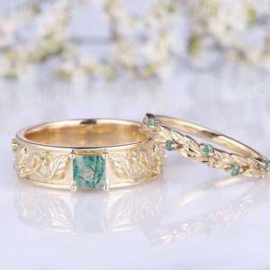 2pc Leaf Couple Rings Set For Men And Women Moss Agate Wedding Ring Set Mens Engagement Ring Nature Inspired Promise Ring For Couple