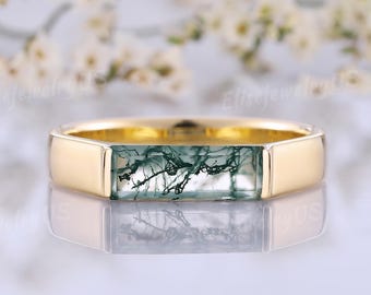 4mm Mens Engagement Ring Baguette Cut Moss Agate Ring Solid Gold Ring Minimalist Nature Green Gemstone Promise Ring Personalized Jewelry