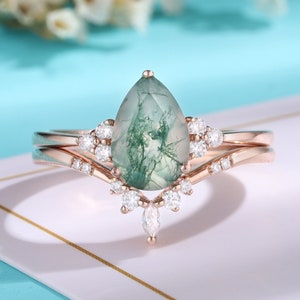 Vintage Pear Moss agate engagement ring set Women rose gold wedding rings Unique Diamond cluster bridal set Handmade jewelry green gemstone