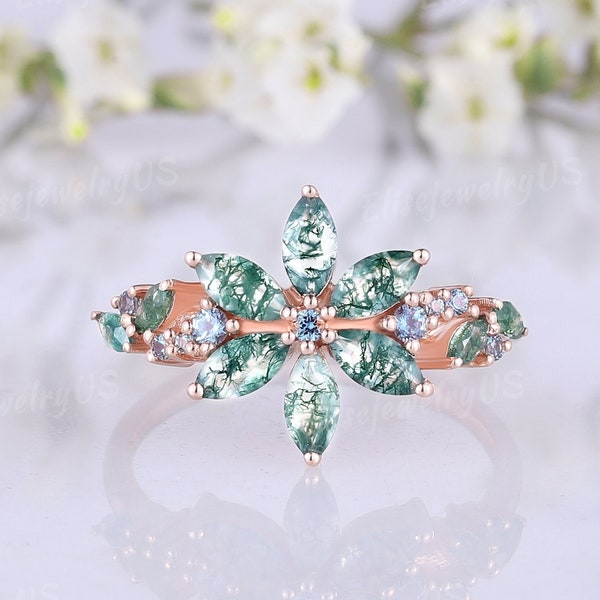 Unique marquise moss agate engagement ring cluster alexandrite ring rose gold wedding ring nature inspired ring anniversary promise ring