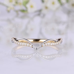 Vintage Two Tones Wedding Band Gold Ring Diamond Wedding Band Curved Wedding Band Unique Adjustable Matching Band V shaped Anniversary Gift