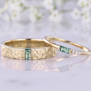 2pcs Couple Rings Set unique Baguette moss agate wedding band Nature inspired Mens wedding band Hammered 14k Gold Anniversary gift for Men