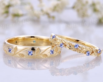 Tanzanite Engagement Ring Set For Men And Women Leaf Design Male and Female Wedding Ring Set  Nature Inspired Promise Rings For Couple