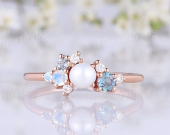 Unique Akoya Pearl Engagement Ring Solid Rose Gold Ring Women Alexandrite Ring Moonstone Diamond Cluster Promise June Birthstone Ring