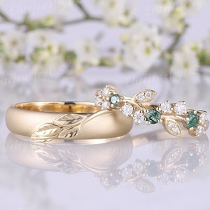 2pcs Leaf Couple Rings Set For Men And Women Moss Agate Wedding Ring Set Nature Inspired Men Wedding Band Solid Gold Anniversary Ring