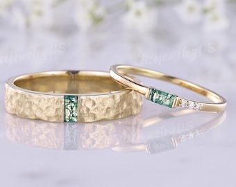 2stk Paar Ringe Set einzigartige Baguette Moosachat Ehering Natur inspiriert Herren Ehering 14k Gold Jahrestag Geschenk für Männer