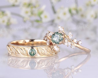 2pcs Floral Couple Rings Set Unique Round Moss Agate Wedding Rings set Nature inspired Mens wedding band 14k Gold Anniversary gift for Men