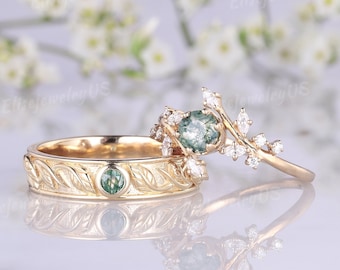 2 st blommiga parringar set unika runda vigselringar set med mossagat naturinspirerad herrvigselring 14k guld jubileumspresent till män